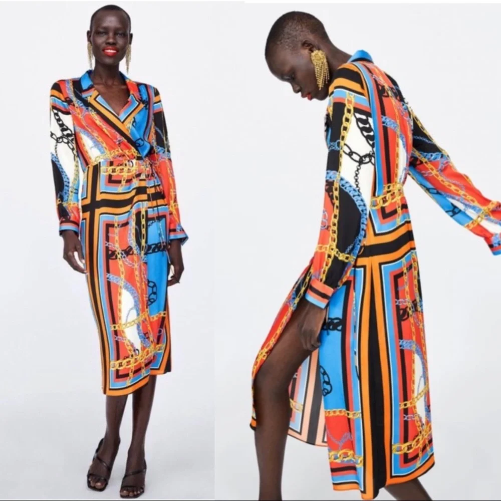 ZARA NWT BLOGGER FAVE Blue & Orange Chain Print Scarf Midi Shirt Dress Sz S - Picture 2 of 13